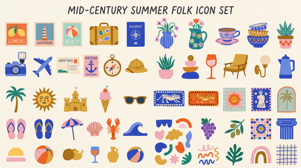 Fototapeta premium Mid-century summer folk icon set featuring travel, nature, and leisure activities in a colorful design