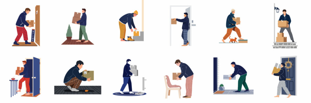 Set of illustrations depicting people in pajamas receiving and picking up cardboard delivery boxes at their front doors and porches.
