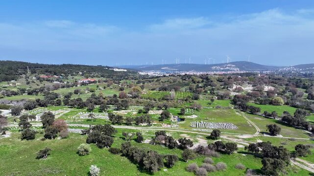Ancient Teos City Dionysos Temple &ndash; Aerial Drone View of Historic Ruins in Izmir, Turkey, Archaeological Site 4K