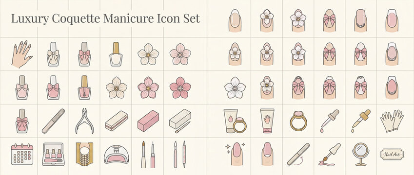 Manicure tools and designs for nail art in a luxury coquette style displayed on a light background