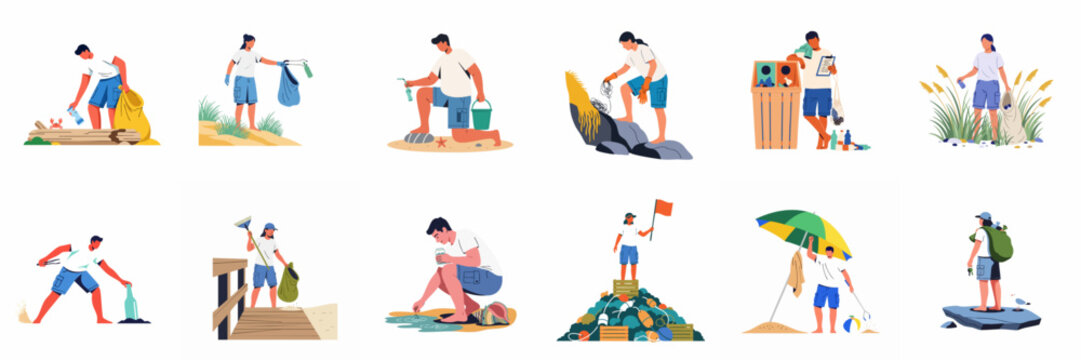 Vector set of flat illustrations depicting volunteers engaged in beach cleanup activities, collecting plastic waste and marine debris to protect the environment.