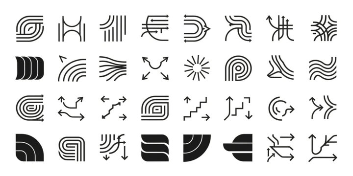 A collection of various abstract black line art designs and patterns on a white background.