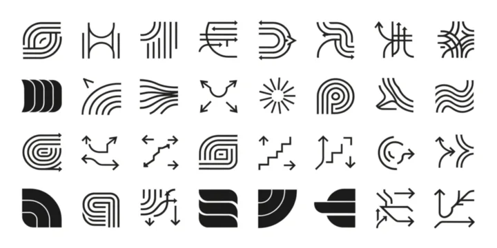 A collection of various abstract black line art designs and patterns on a white background.