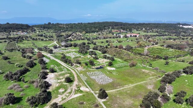 Ancient Teos City Dionysos Temple &ndash; Aerial Drone View of Historic Ruins in Izmir, Turkey, Archaeological Site 4K