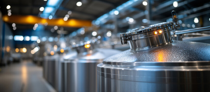 Large stainless steel tank with milk in modern dairy factory, food processing industry, dairy production, beverage manufacturing, industrial equipment, pasteurization, quality cont