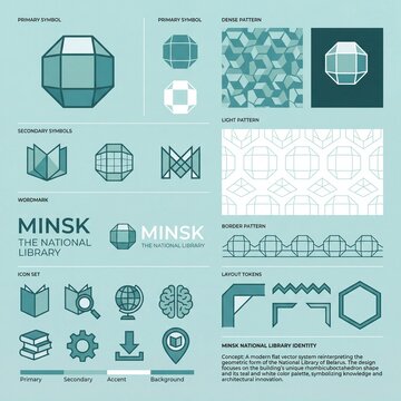 Design elements and symbols from Minsk National Library identity system showcase geometric shapes and layout options