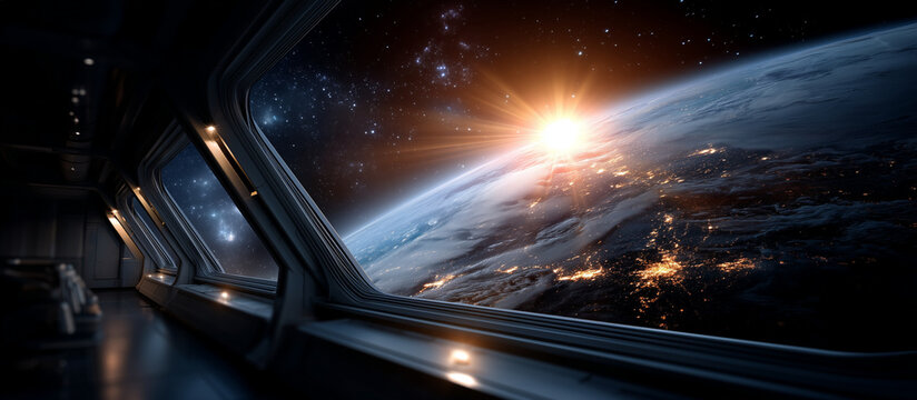 Futuristic spaceship interior with panoramic window overlooking planet and stars, sci fi spacecraft cabin, space travel, deep space exploration, cosmic view, advanced technology, u