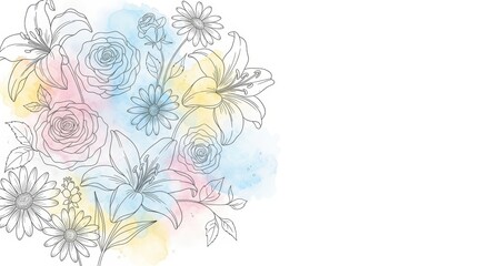 Obraz premium Bouquet of lily, rose and daisy flowers with watercolor splashes. Floral outline drawing for greeting card design. Hand drawn botanical art, element for wedding invitation backdrop.