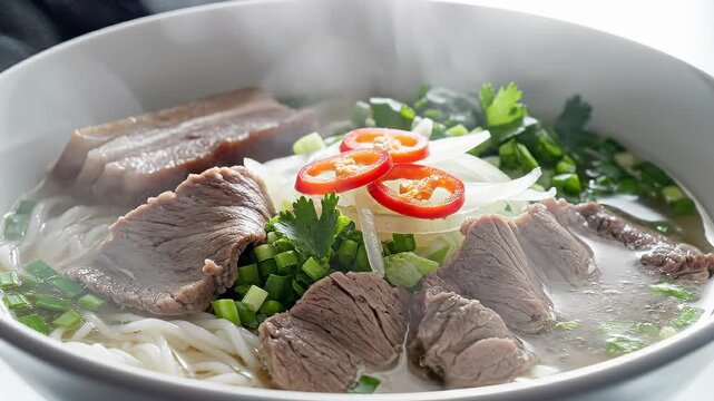 Steaming Bowl of Vietnamese Pho Bo Noodle Soup With Beef and Fresh Herbs