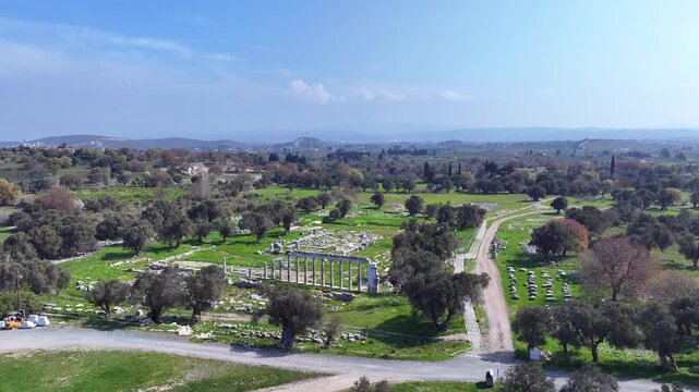 Ancient Teos City Dionysos Temple &ndash; Aerial Drone View of Historic Ruins in Izmir, Turkey, Archaeological Site 4K