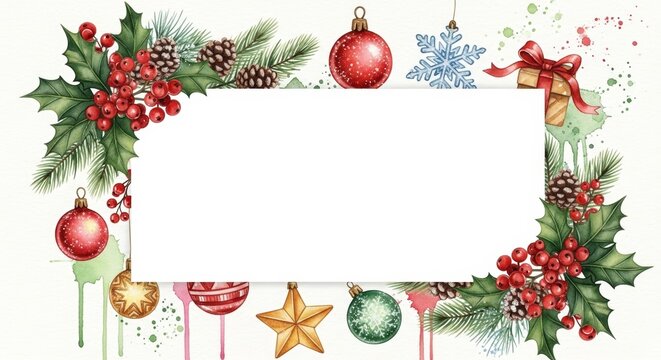 Watercolor Christmas frame with pine branch holly berry and ornament. Festive holiday card template with copy space for seasonal greeting message. Elegant winter background illustration.
