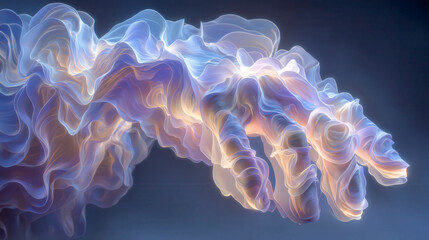Ethereal hand pulses with soft light and flowing hues. Crisp textures ripple like liquid glass or dreamy smoke. Vibrant blues, purples, and golds blend in gentle motion. Abstract form suggests grace