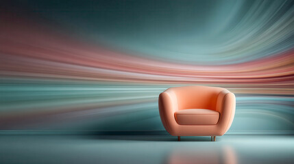 Soft peach armchair sits center stage. Colorful motion streaks swirl behind it. Modern, minimalist space feels vast. Dreamy, tranquil mood invites calm. Ideal for interior design or lifestyle ads