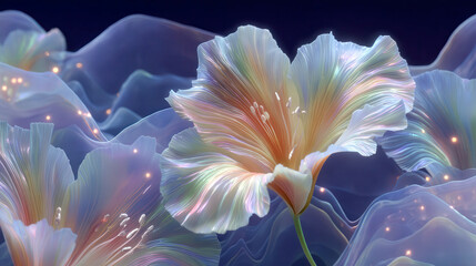 Glowing petals shimmer with iridescent hues. Soft light dances on translucent, flowing surfaces. Delicate flowers float amid glowing, dreamlike waves. Serene, magical ambiance fills the scene