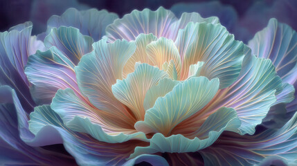 Softly glowing petals in pastel hues. Delicate layers ripple with gentle light. Subtle gradients blend purple, pink, and cream. Flower radiates calm serenity and elegance. Ideal for luxury design
