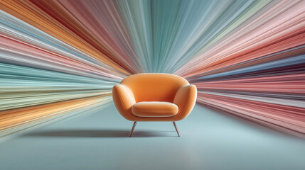 Bright orange chair sits alone in calm, minimalist space. Colorful streaks explode outward from behind, creating motion. The chair glows warmly against cool, soft tones