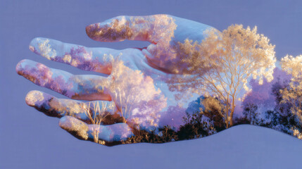 Soft light glows over snowy hand and trees. Hand cradles nature, full of gentle warmth. Snowy branches glow like frozen dreams. Peaceful moment, calm, and quiet. Perfect for nature, wellness