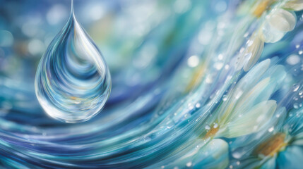 Clear droplet hangs, suspended above swirling blue waters. Soft light dances through ripples, creating gentle movement. Petals glow faintly beneath the liquid's surface. The image evokes calm, purity