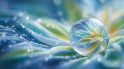 Glass sphere holds a delicate flower within. Blue-green waves ripple behind it, soft and dreamlike. Light dances through the water, creating gentle glimmers. This image evokes tranquility and wonder