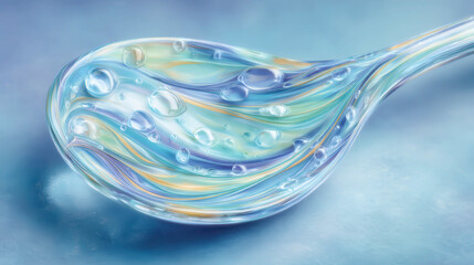 Glass spoon gleams with swirling colors and droplets. Light reflects off curves, creating a soft, dreamy effect. Cool blue tones evoke calmness and purity. Ideal for designs needing fluid