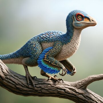Feathered Microraptor Perched on Prehistoric Tree
