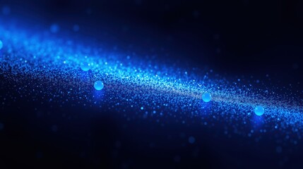 Fototapeta premium Dark background features bright blue particles, creating glowing wave effect. Subtle spheres add depth, suggesting cosmic energy flow.