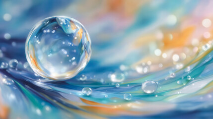 Single droplet rests atop swirling water. Soft blues and golds glow in the background. Reflections dance inside its transparent surface. Bubbles rise gently around the main droplet