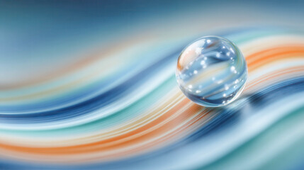 Clear sphere rests on flowing, colorful waves. Soft blues and oranges ripple beneath its surface. Light reflects within the sphere, creating a glowing effect. This image evokes calmness