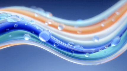 Smooth waves ripple with translucent droplets. Cool blues blend with warm oranges, flowing gently. Bubbles float like liquid light against soft gradient. Ideal for designs needing fluid
