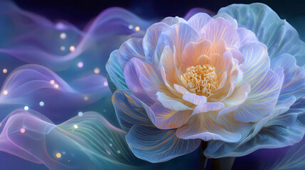 Soft, glowing petals bloom in pastel hues. Dreamlike waves ripple behind the flower's radiant form. Glowing orbs float in the deep indigo background. This tranquil scene evokes serenity and wonder