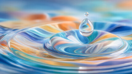 Single drop hovers mid-air, poised to crash. Colorful ripples spread in vibrant swirls beneath. Liquid forms an iridescent, swirling pattern. Light reflects off the water's glossy surface