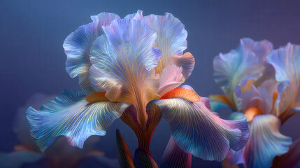 Soft, glowing petals shimmer with iridescent hues. Delicate blue and violet tones shimmer in twilight light. Fine, glittering edges catch the faint glow. Floral elegance radiates calm, ethereal beauty