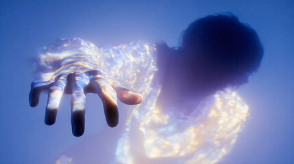 Hand reaches through shimmering water toward a blurred figure. Blue glow wraps the scene in mystery and movement. Silhouetted head suggests quiet contemplation. Image evokes serenity, escape