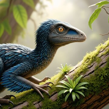 Feathered Microraptor Perched on Prehistoric Tree