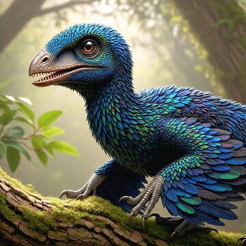 Feathered Microraptor Perched on Prehistoric Tree