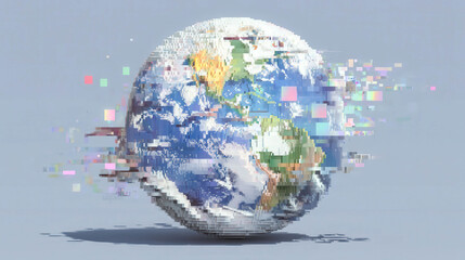 Glitch effect distorts Earth's surface, showing continents and oceans. Digital fragments burst outward, creating abstract motion. Background remains calm, light gray, with soft shadow beneath