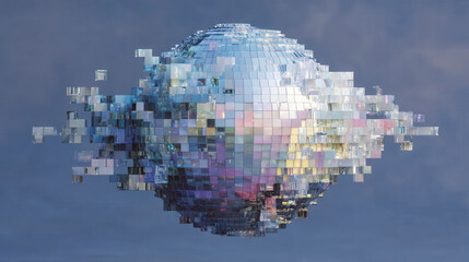 Shimmering disco ball floats against a soft, hazy sky. Its mirrored facets reflect vibrant hues of purple, pink, and silver. Digital distortion adds a surreal, glitchy texture to the sphere