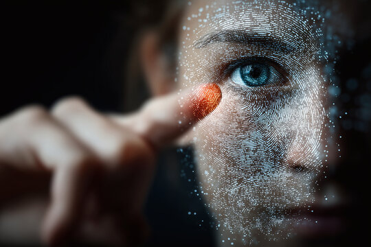 Woman touching fingerprint scanner with finger  as a concept of cyber security and data protection with face recignition technology