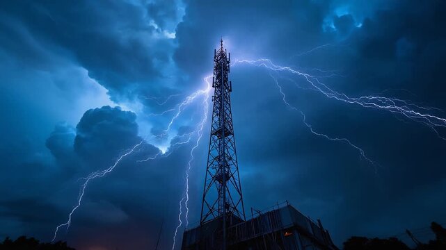 Electric power tower surrounded by bright lightning bolts in a dark stormy sky emphasizing raw natural energy