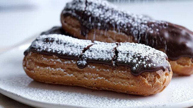 Delicious Chocolate Eclairs Dusted With Powdered Sugar on a White Plate