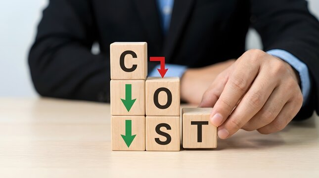 Business professional adjusting wooden cost blocks with red arrow showing decreasing expenses