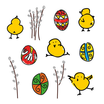 Hand drawn Easter set with cute cartoon chicks, decorated pysanka eggs and pussy willow branches verba. Naive doodle style illustration isolated on white background. Traditional spring holiday symbols