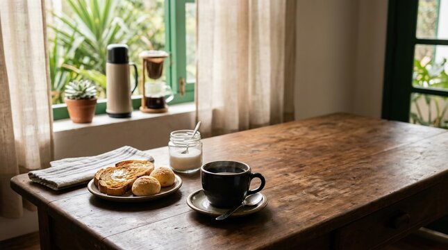 Cozy Morning Breakfast Setup by the Window with Coffee and Pastries