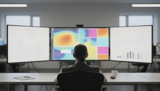 Front view of an insurance analyst assessing detailed heatmaps on a multidisplay digital dashboard with vague chart outlines on secondary monitors.