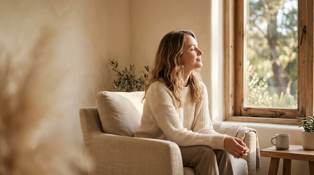 Woman Relaxing by Window with Coffee and Greenery