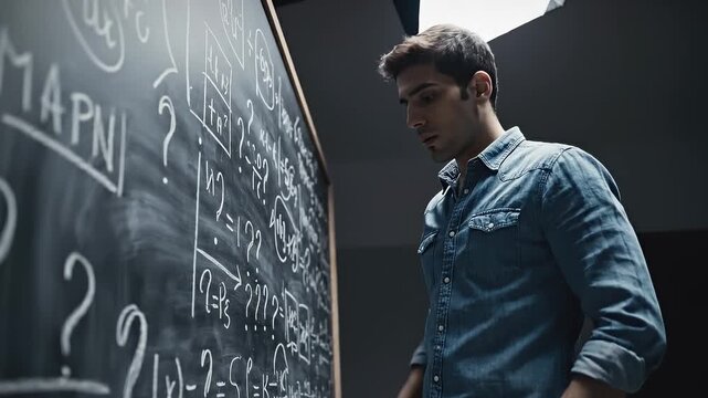 Young Man Deep in Thought in Front of a Chalkboard Filled With Complex Mathematical Equations