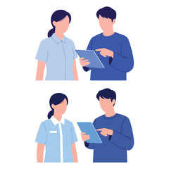 Obraz premium Illustration of two diverse pairs of colleagues collaborating and sharing information on a digital tablet