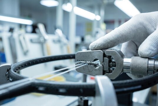 Gloved hand using a tension machine clamp to string a black sports racket