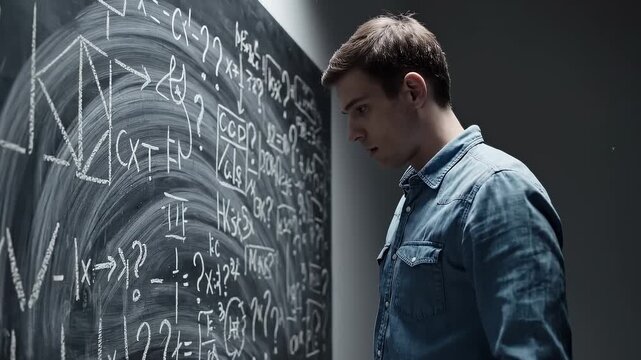 Young Man Pondering Complex Mathematical Equations Written on a Chalkboard
