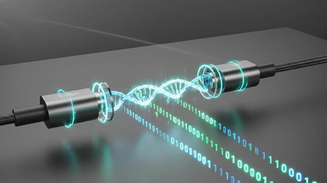 Futuristic concept showing digital information being encoded into a dna double helix, symbolizing advancements in biotechnology, genetic data storage, and the future of information technology